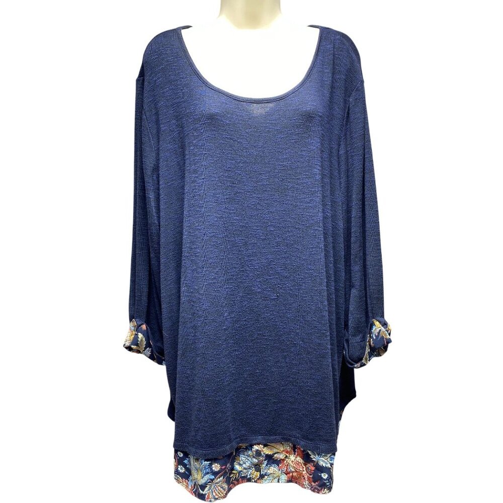 Catherines 2X Plus Size Blue Tunic Long Sleeve Top With Floral Accents